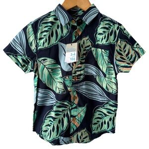 Primark Navy Short Sleeve Button Down Shirt with Green Leaf Print 3/4 years